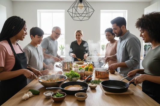 cookware materials, cooking demonstration, modern kitchen