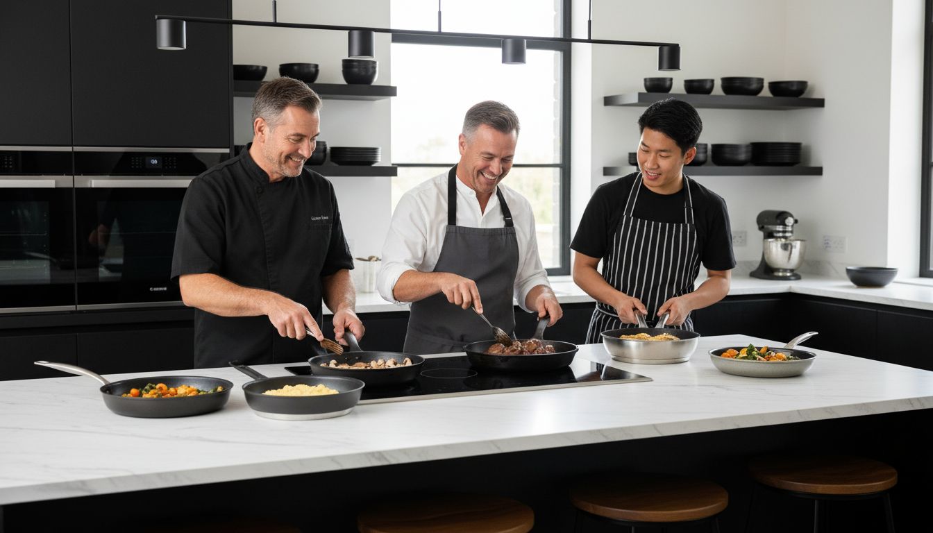 various frying pans kitchen