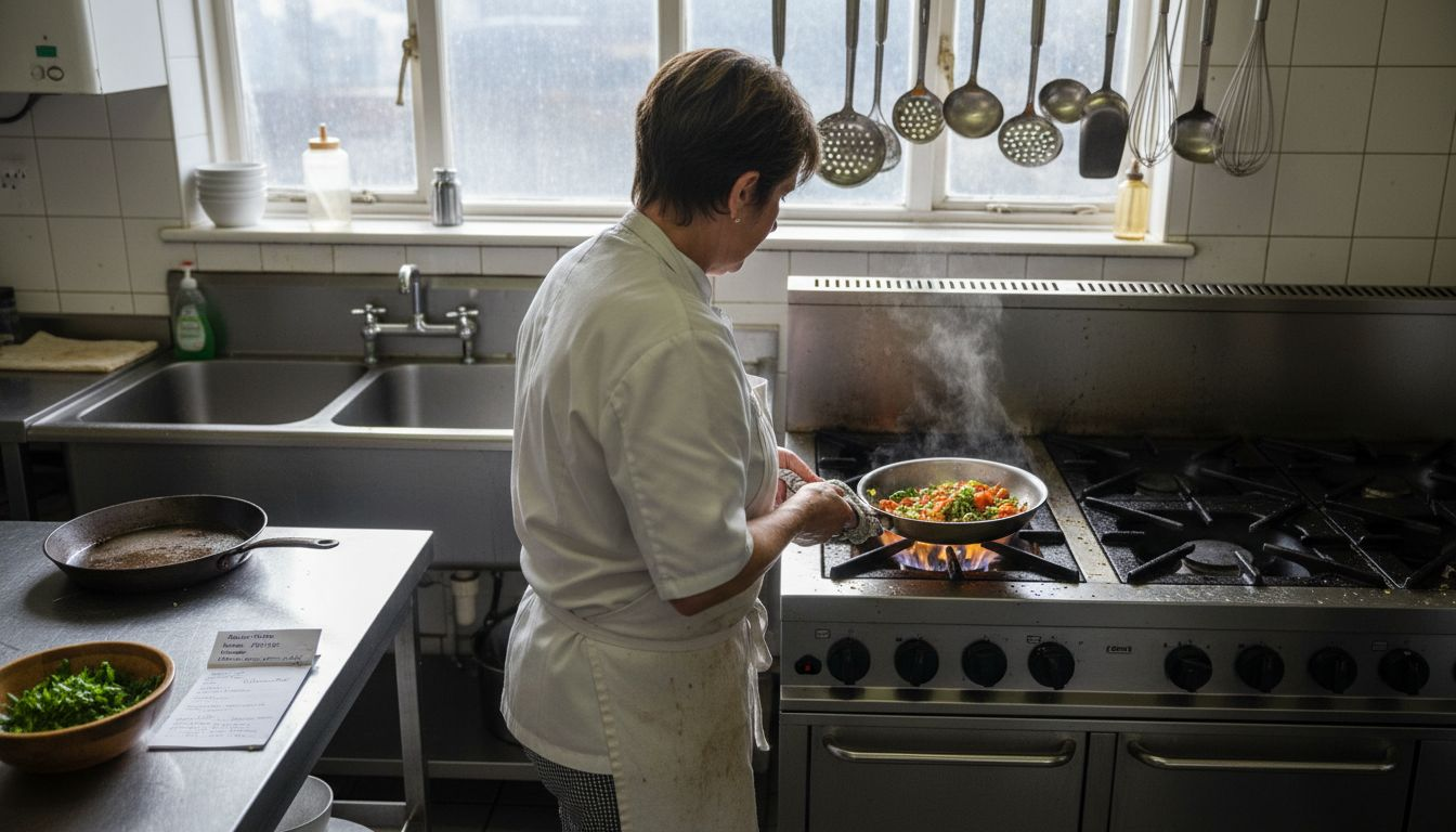 Chef using stainless clad pan in busy kitchen