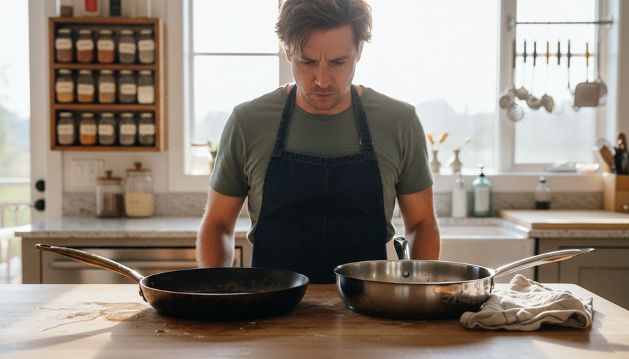Cook comparing carbon steel and stainless steel pans