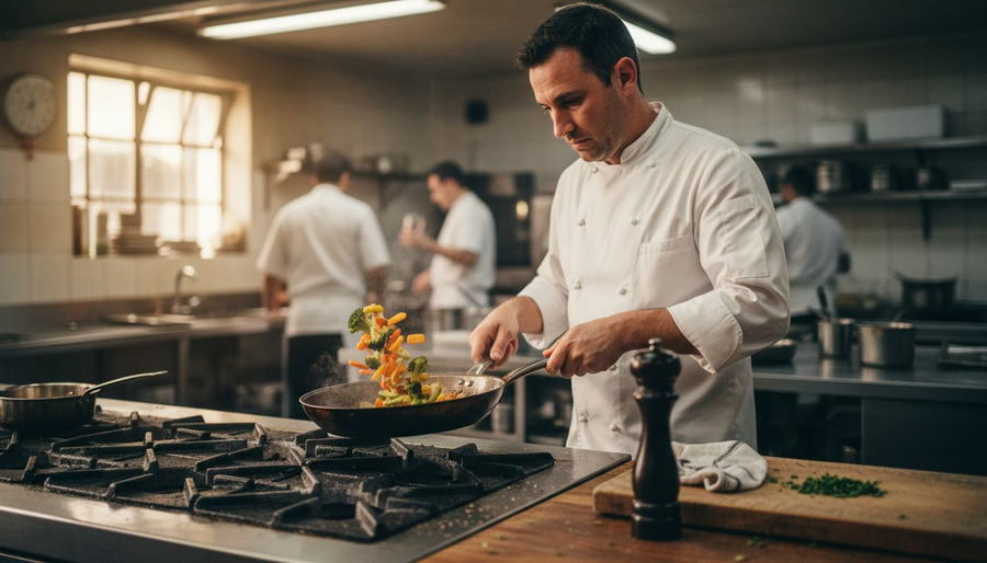 Chef cooking with 30 cm pan in kitchen