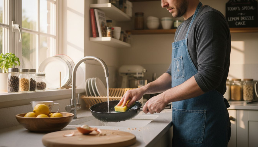 Home cook washing new carbon steel pan