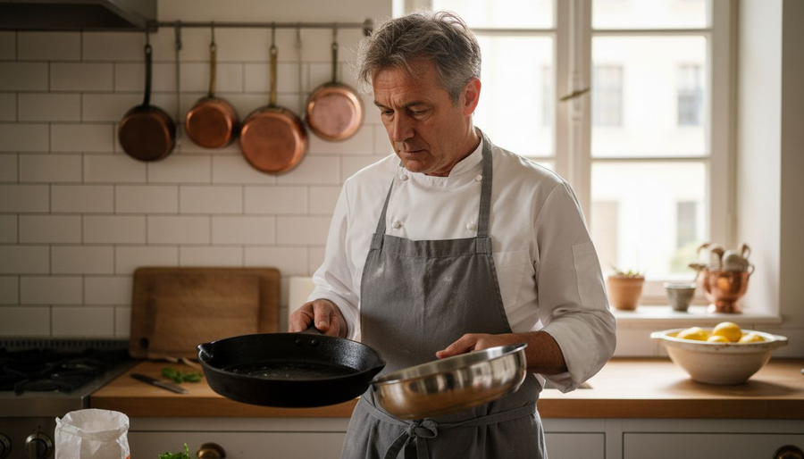 Chef holding cast iron and stainless steel pans