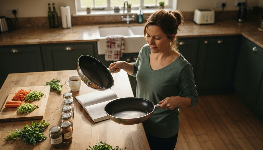 Home cook comparing sauté pan and skillet