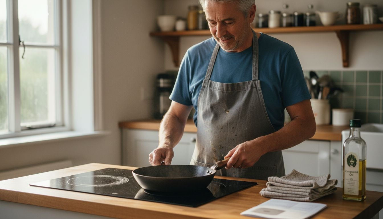 Cook prepares carbon steel pan on induction