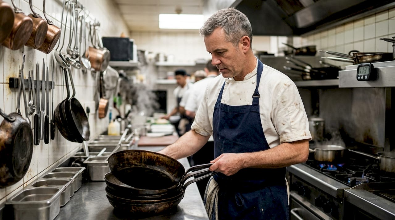 Chef inspecting carbon steel pans in kitchen
