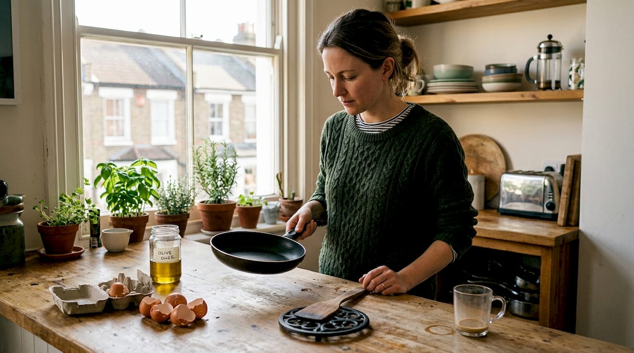 Cook inspecting non-stick pan surface