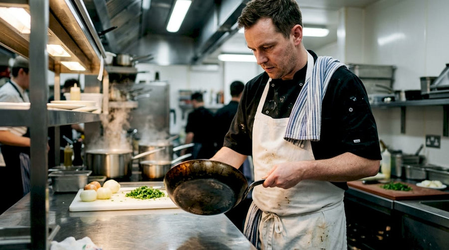 Chef examines carbon steel pan in kitchen