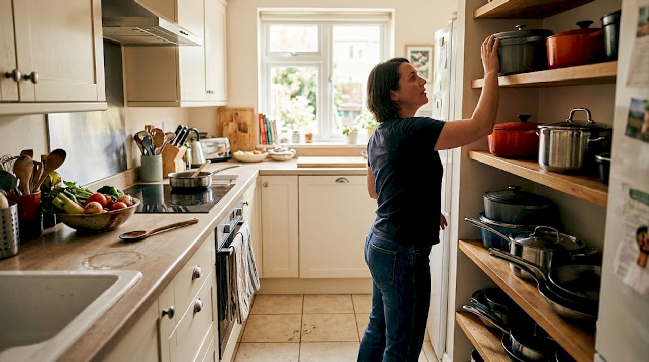 Cook reaching for European cookware on shelf