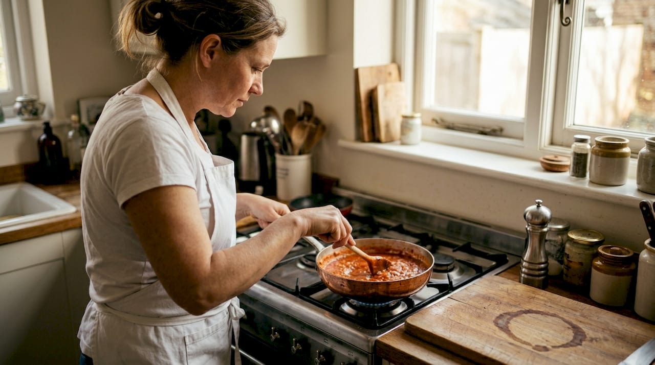 Chef stirring sauce in copper pan