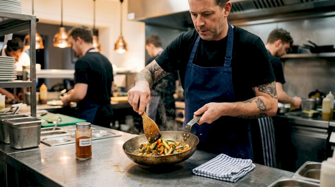Chef cooking with carbon steel pan