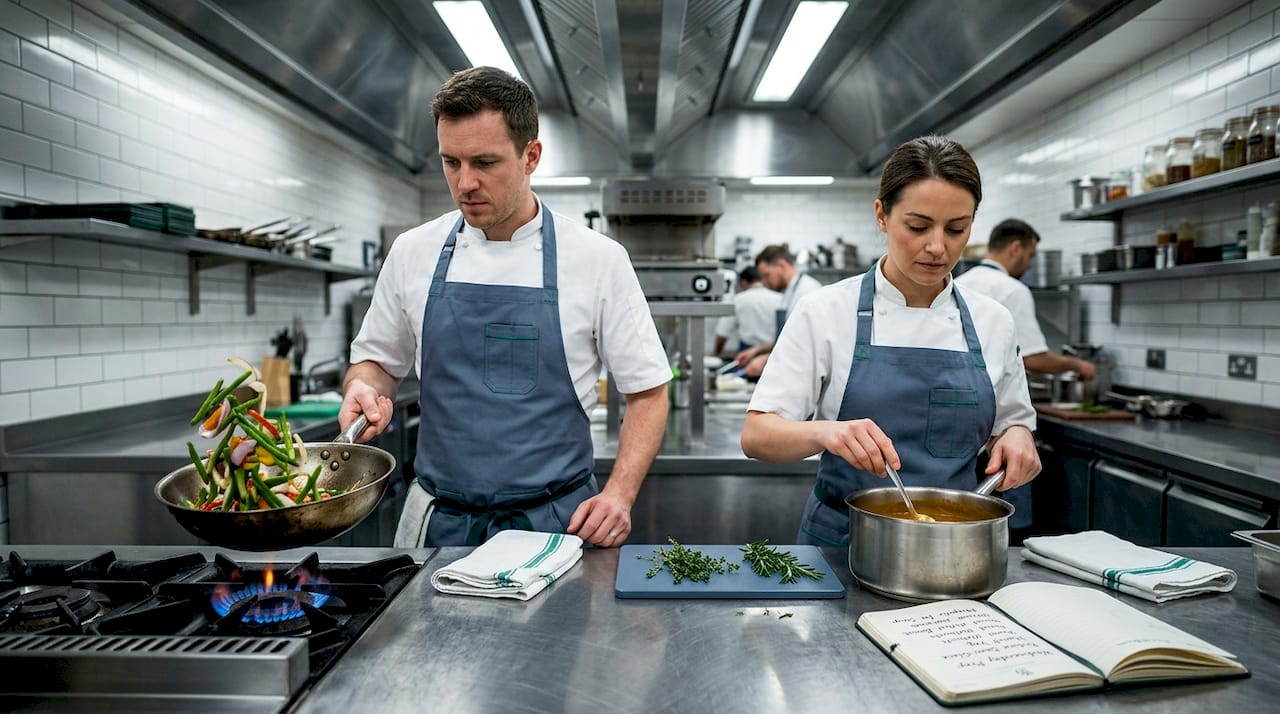 Chefs using different pans in restaurant kitchen