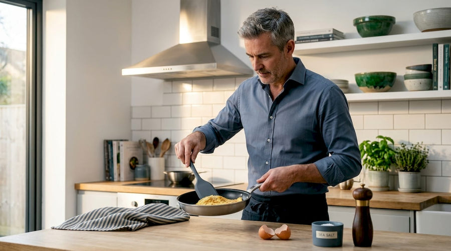 Man using forged aluminium pan in home kitchen
