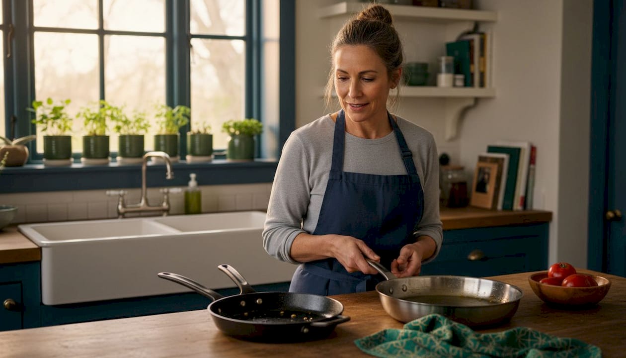 Chef inspecting different kitchen pans on countertop