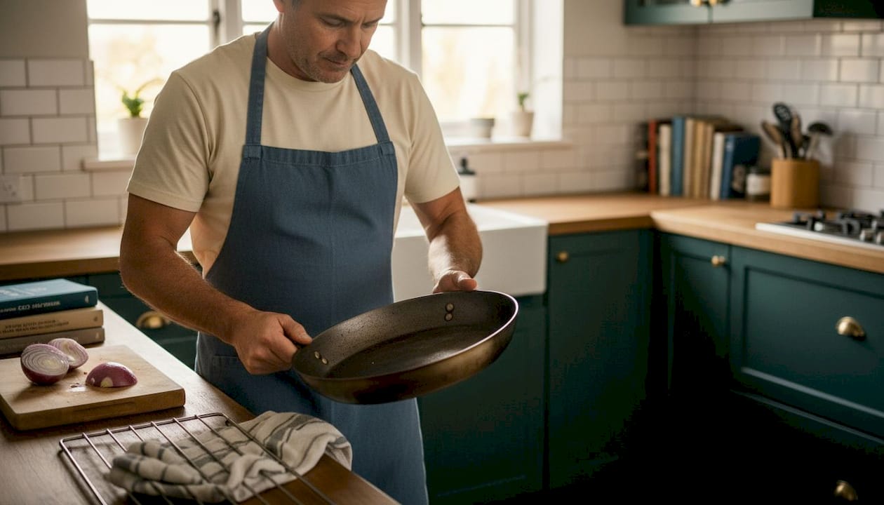 Chef inspecting forged carbon steel pan