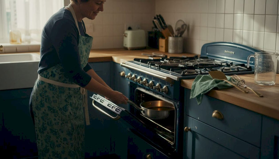 Cook checking oven-safe pan in kitchen