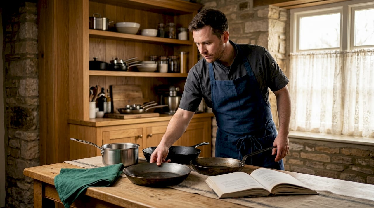 Chef comparing carbon steel, stainless, cast iron pans