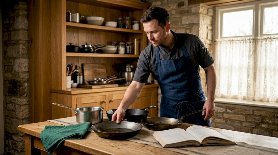Chef comparing carbon steel, stainless, cast iron pans