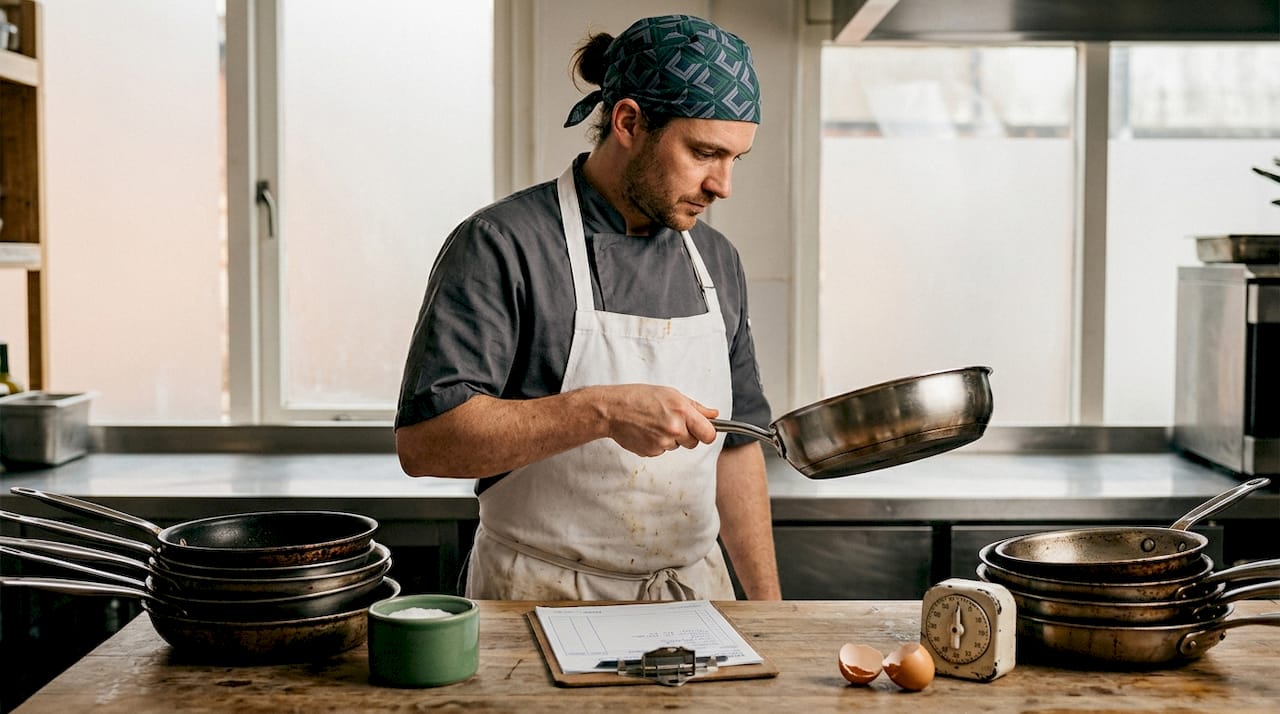 Chef evaluating stainless steel pan in kitchen