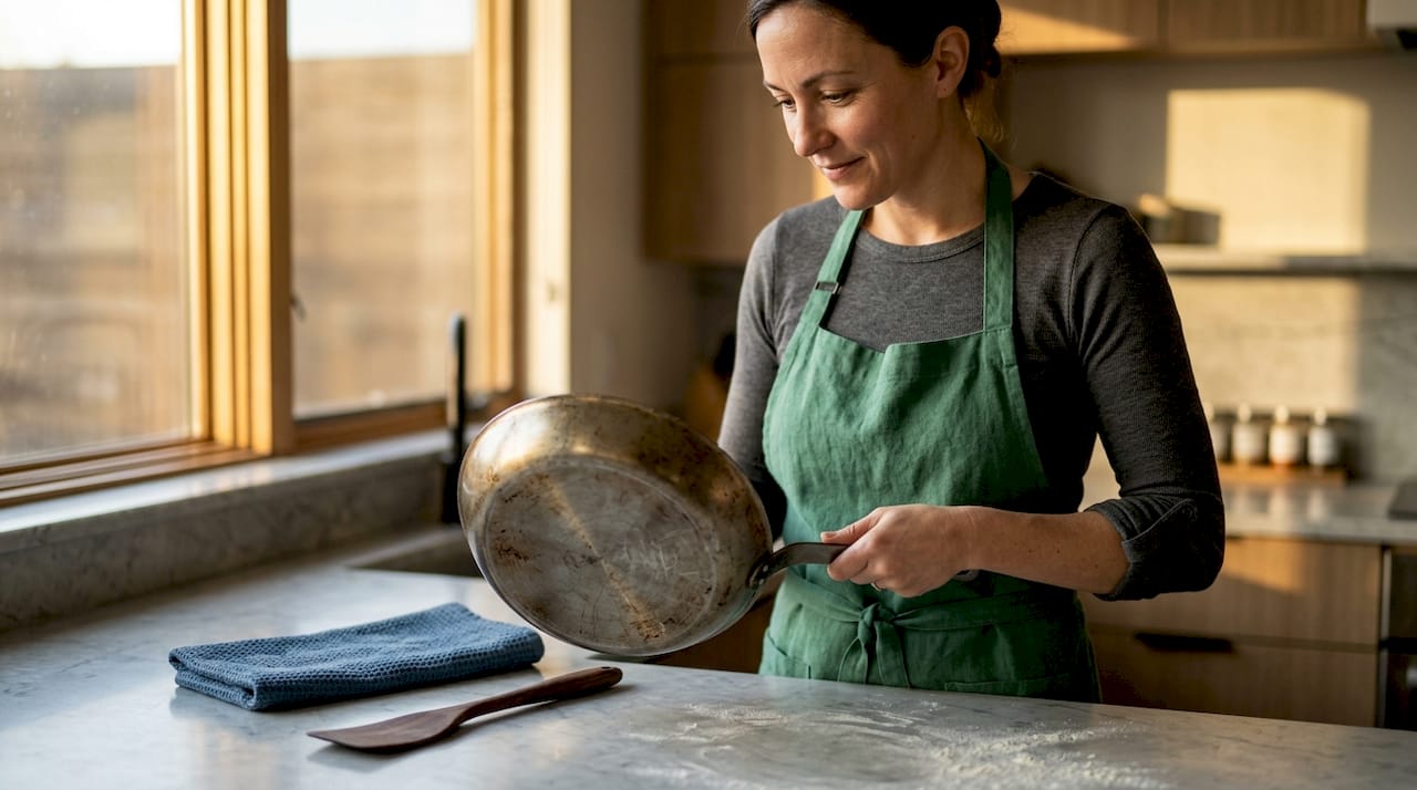 Home cook inspecting carbon steel pan