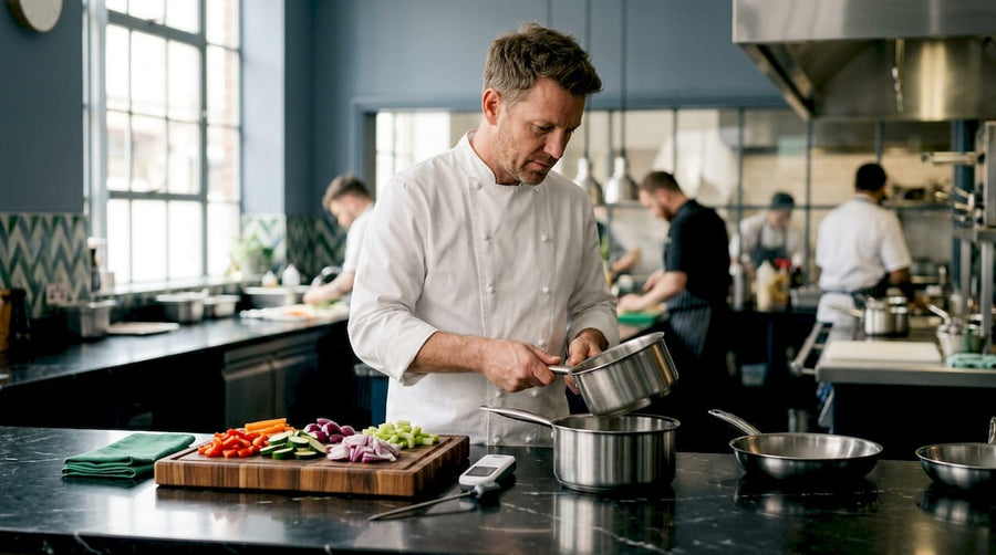 Chef inspecting commercial stainless cookware