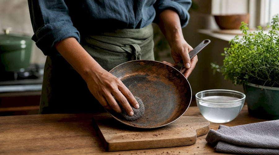 Hands scrubbing rust off carbon steel pan in sink