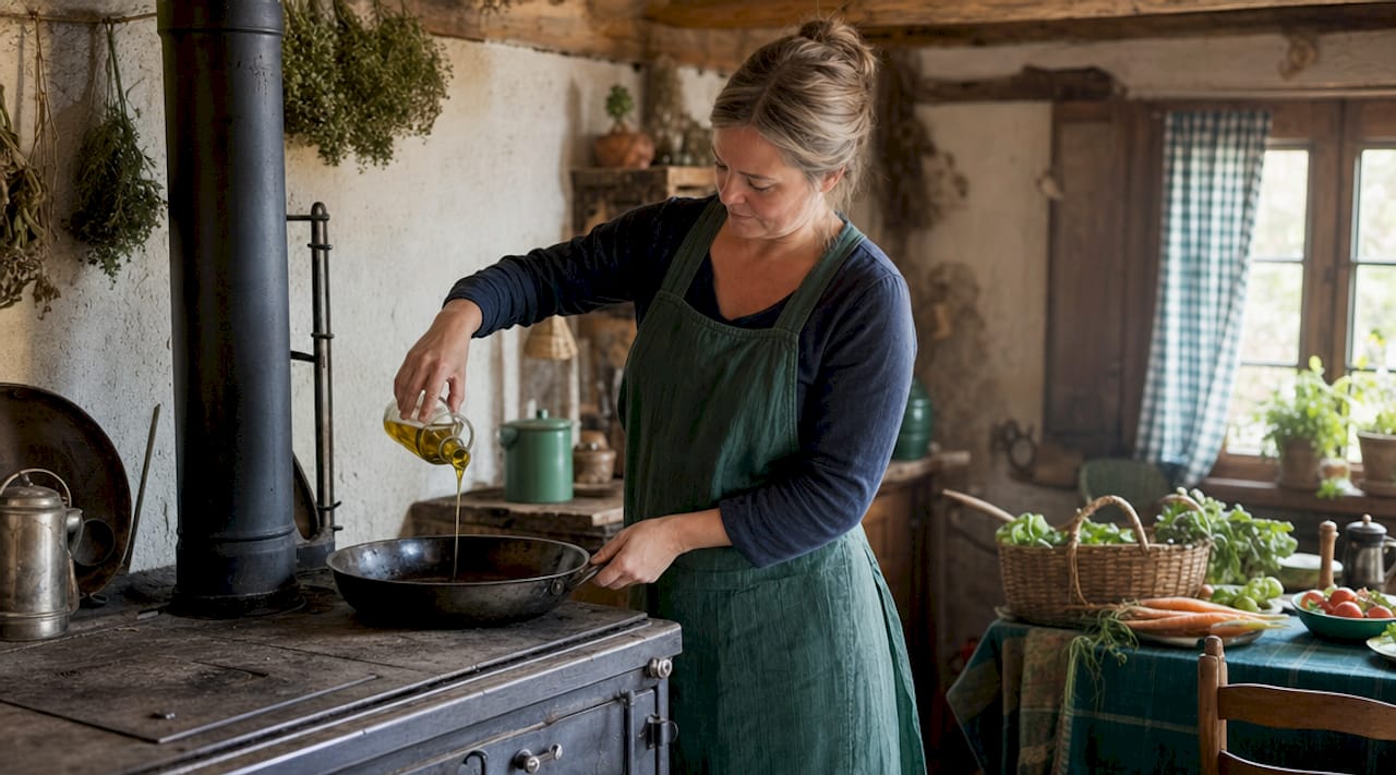 Hands seasoning carbon steel pan on stove