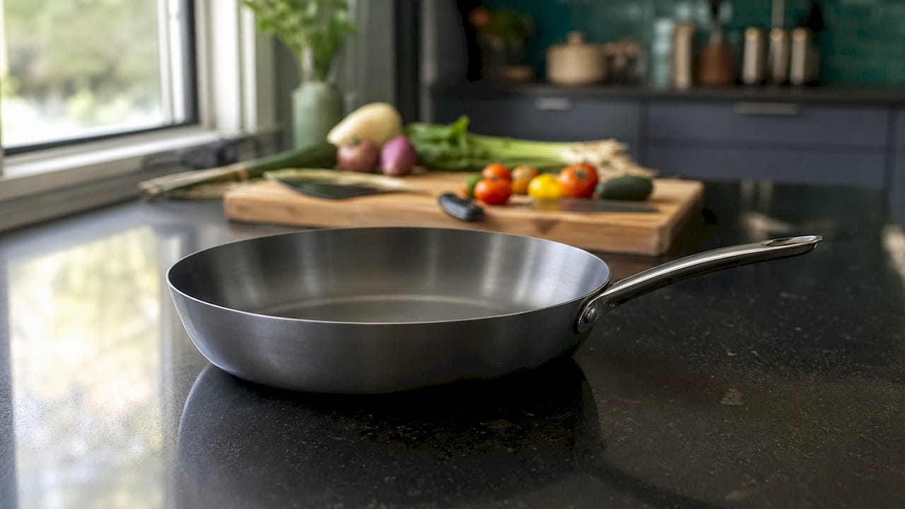 Close-up of one-sheet forged carbon steel pan