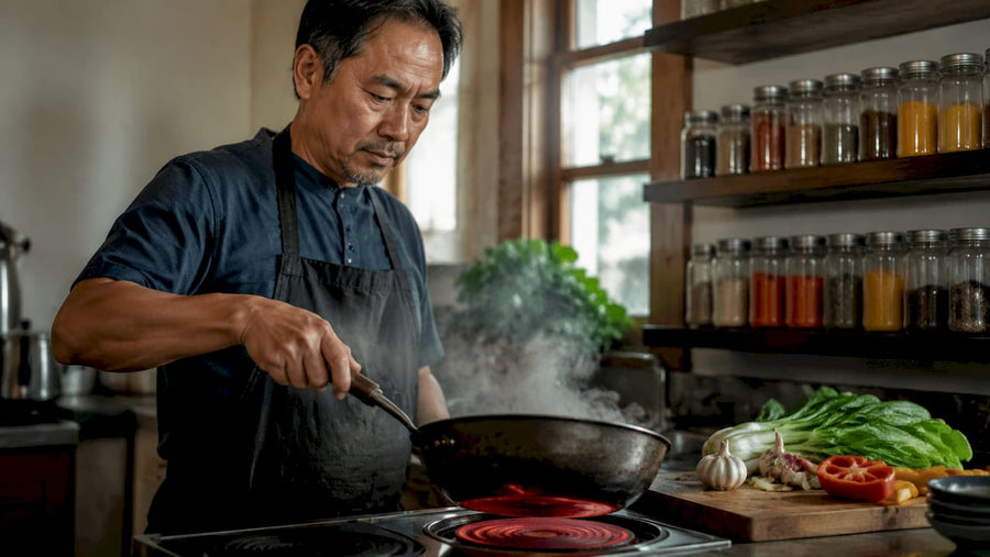 Chef heating carbon steel pan on gas stove