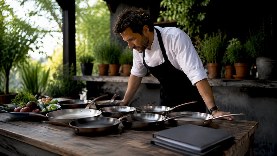 Chef inspecting restaurant pans on prep table