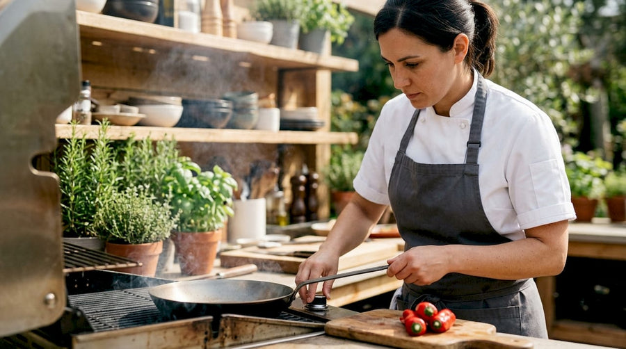 Chef seasoning carbon steel pan in kitchen