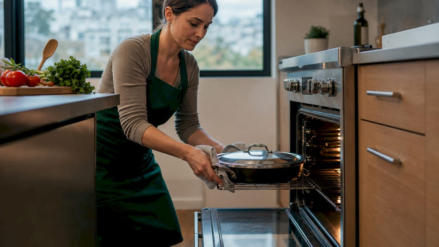 Woman safely removing oven safe cookware from oven
