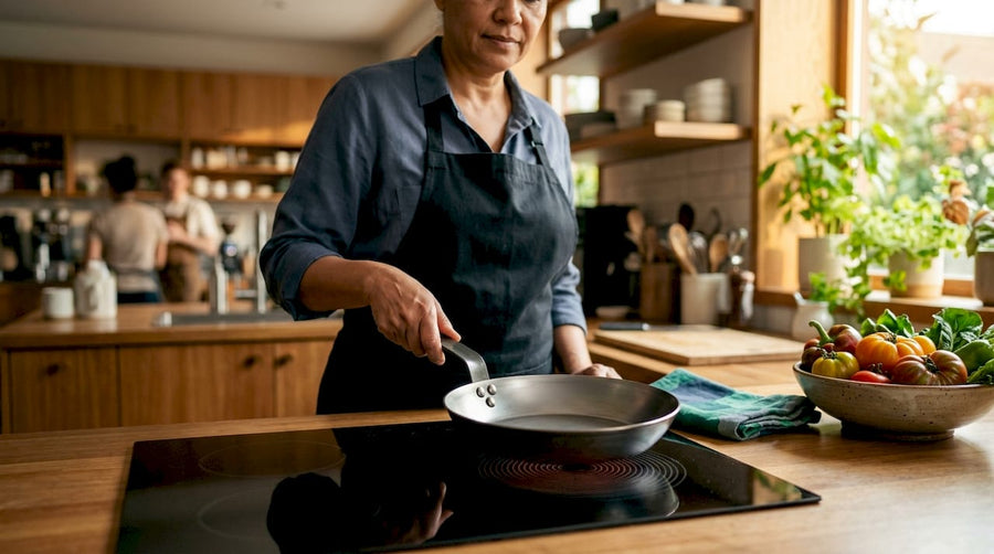 Woman placing carbon steel pan on induction cooktop