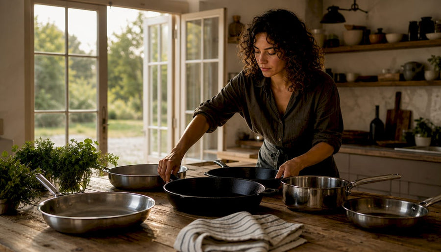 Home cook arranging essential cookware on island