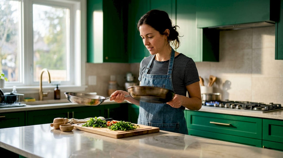 Home cook comparing pan thickness in kitchen