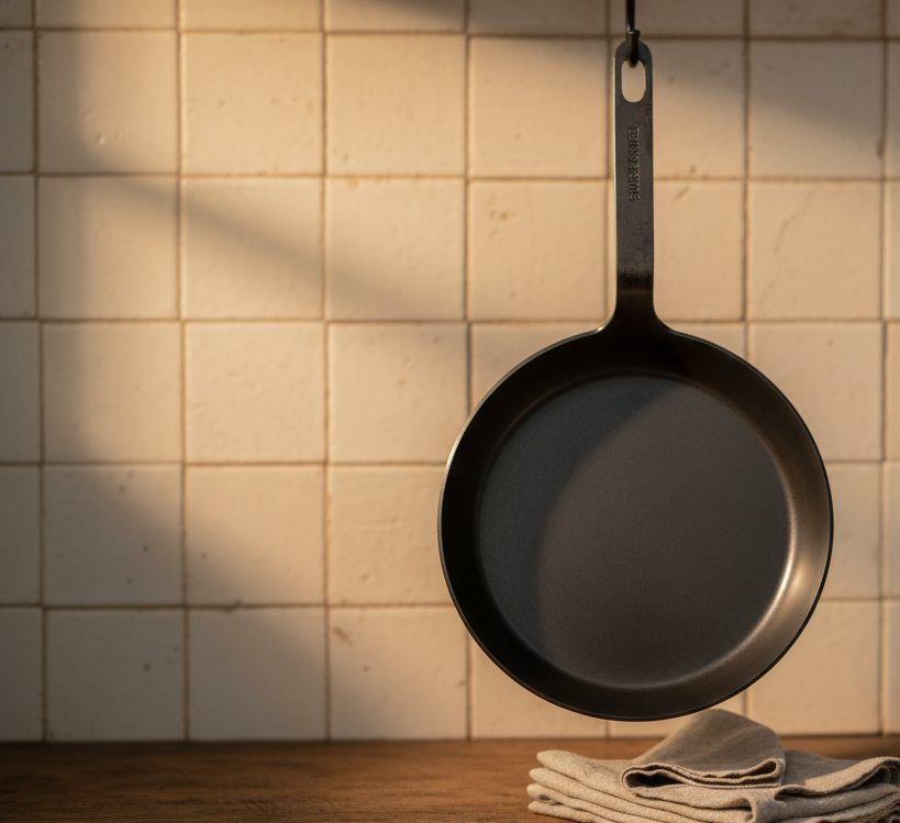 Black frying pan hanging above a tiled wall with a sink and faucet.