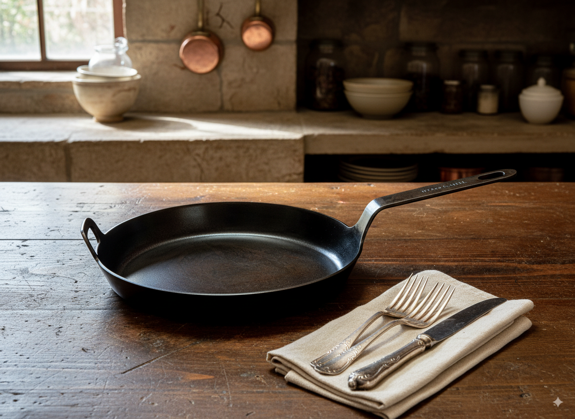Black carbon steel skillet on a wooden table with silverware and a napkin in a rustic kitchen setting.