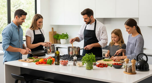 family cookware, chef kitchen, cooking together