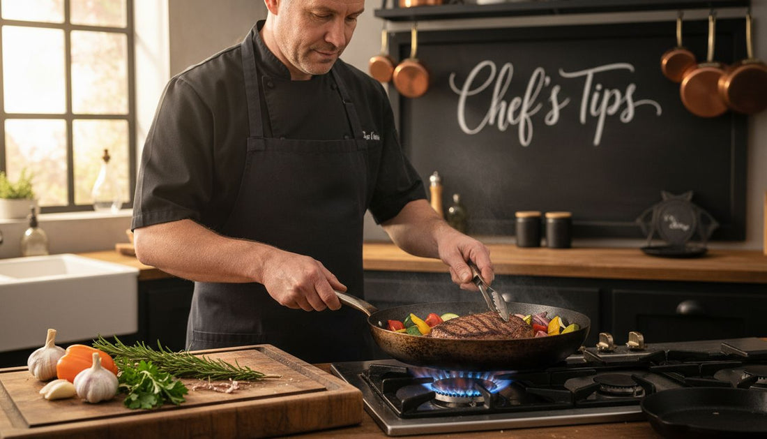 Chef cooking with carbon steel pan in kitchen