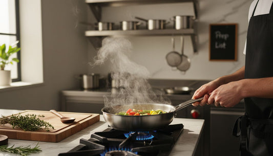Chef holding sauté pan on stove