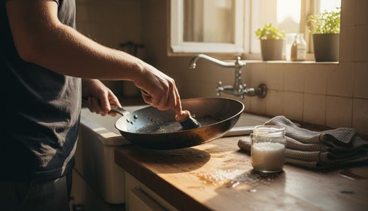 Home cook deep cleaning carbon steel pan