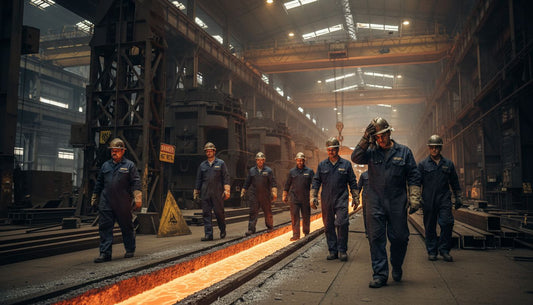Steelworkers in foundry walking near molten steel