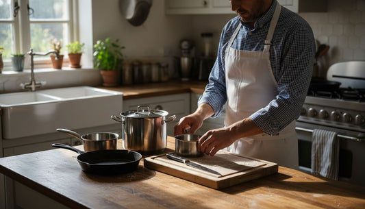 Chef arranges essential kitchen cookware on counter