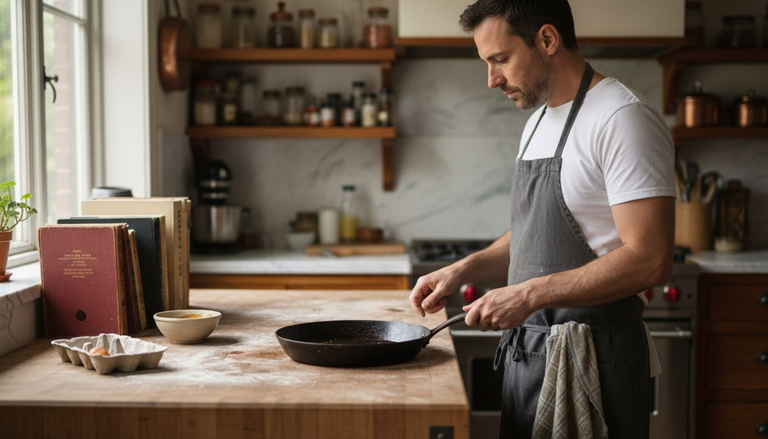 Chef examines carbon steel pan on kitchen counter