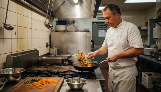 Chef using carbon steel pan in kitchen