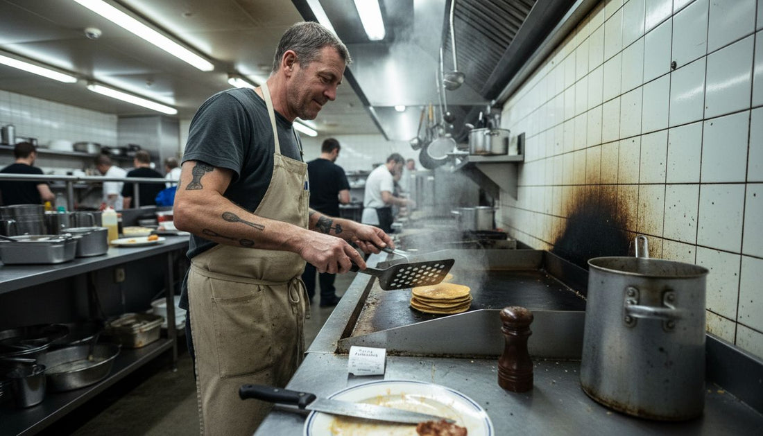 Chef using griddle in busy kitchen