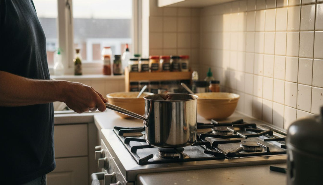 Cook holding sauté pan at kitchen stove