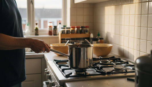Cook holding sauté pan at kitchen stove