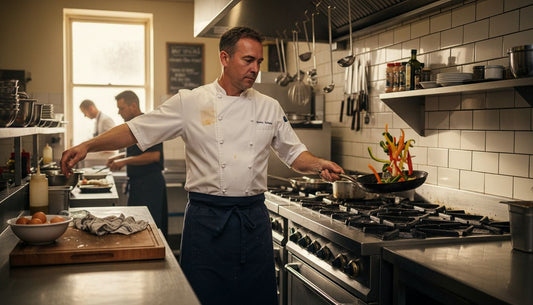 Chef using carbon steel pan in kitchen