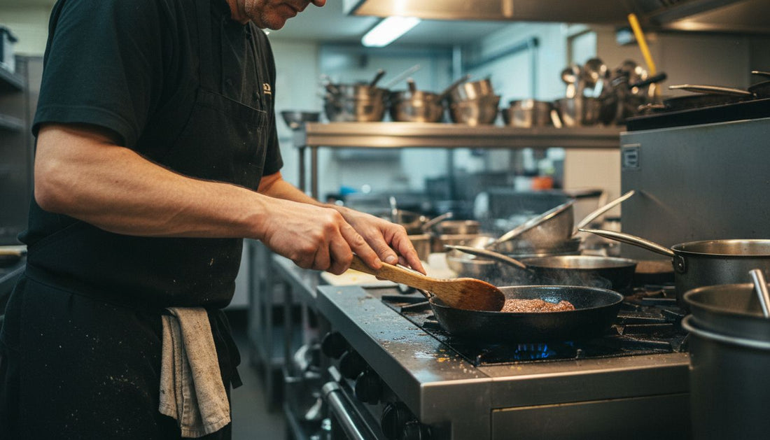 Chef searing steak in carbon steel pan